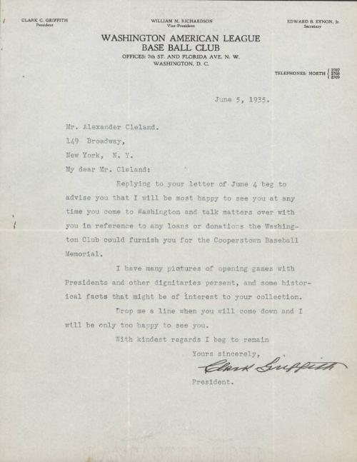 Letter from Clark Griffith to Alexander Cleland, 1935 June 05