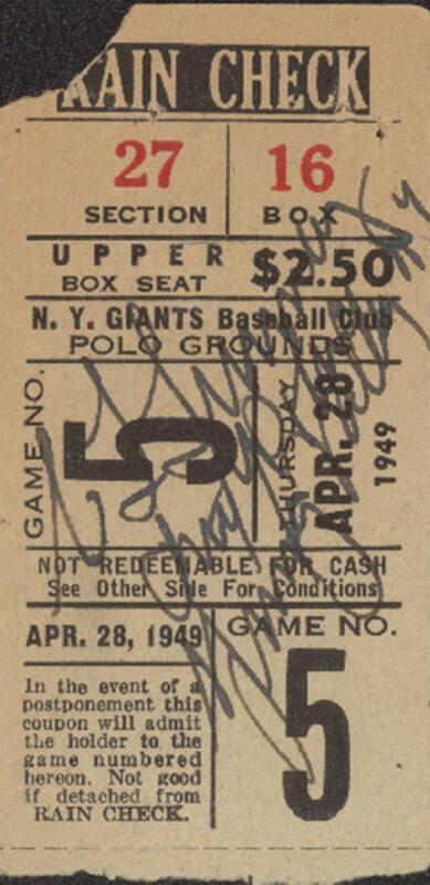 Brooklyn Dodgers vs New York Giants ticket stub, 1949 April 28