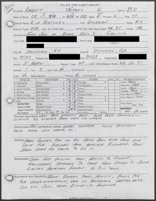 Jeff Abbott scouting report, 1994 March 30