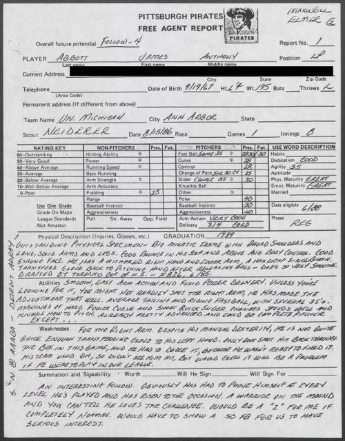 Jim Abbott scouting report, 1986 August 15