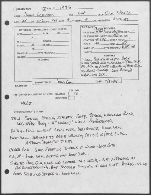 Juan Acevedo scouting report, 1995 July 30