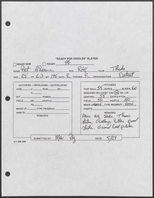 Pat Ahearne scouting report, 1995 May 29