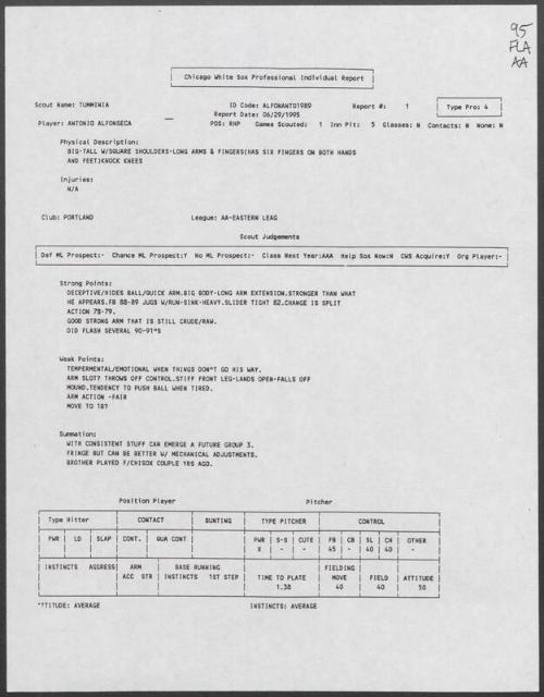 Antonio Alfonseca scouting report, 1995 June 29