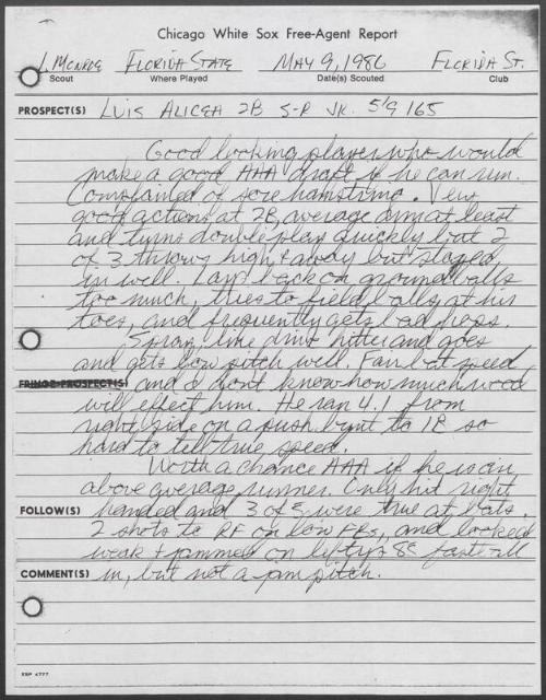 Luis Alicea scouting report, 1986 May 09