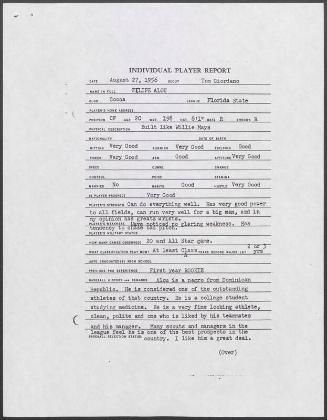 Felipe Alou scouting report, 1956 August 27