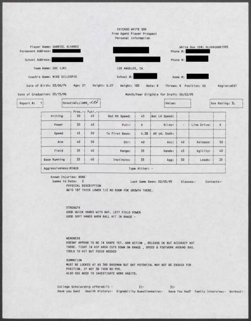 Gabe Alvarez scouting report, 1995 February 05