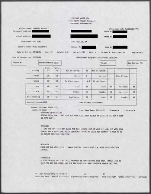 Gabe Alvarez scouting report, 1995 March 19