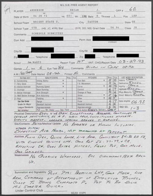 Brian Anderson scouting report, 1993 March 29