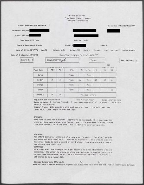 Matt Anderson scouting report, 1997 March 02