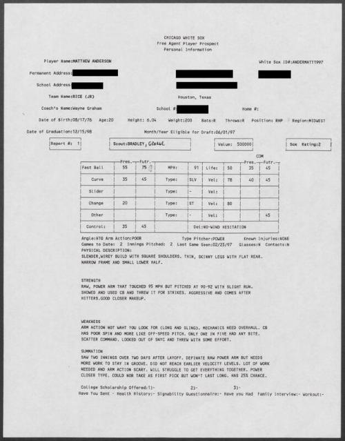 Matt Anderson scouting report, 1997 February 23