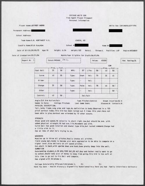 Jeff Andra scouting report, 1994