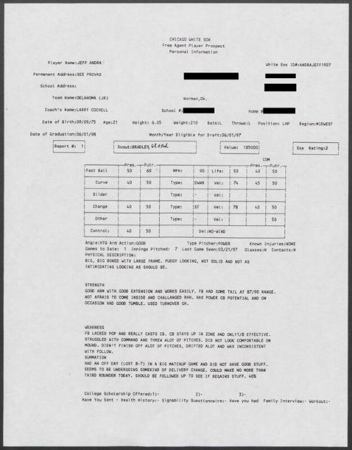 Jeff Andra scouting report, 1997 March 21