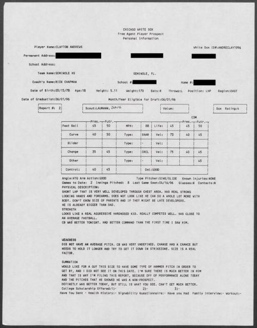 Clayton Andrews scouting report, 1996 April 16