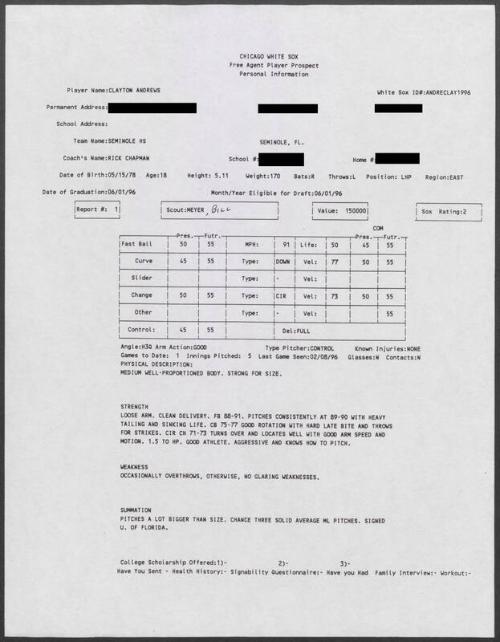 Clayton Andrews scouting report, 1996 February 08