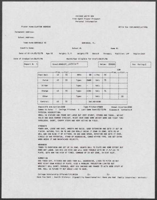 Clayton Andrews scouting report, 1996 February 13