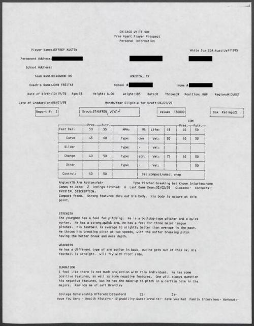 Jeff Austin scouting report, 1995 March 02