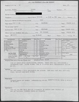 Carlos Baerga scouting report, 1985 August 30