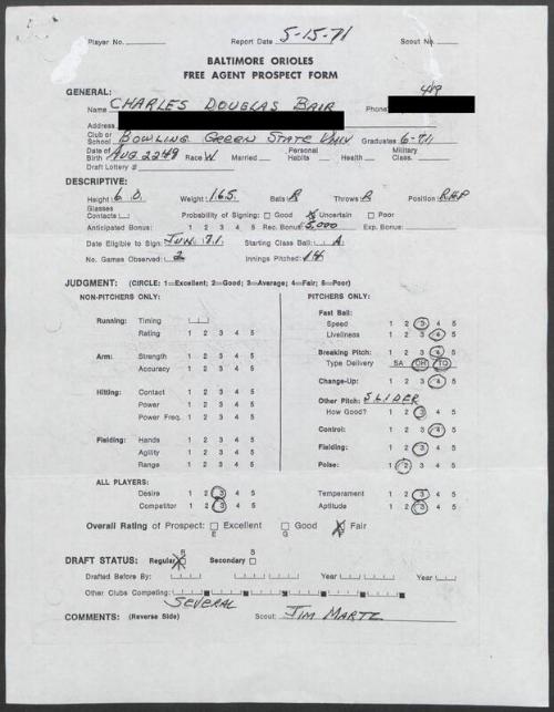 Doug Bair scouting report, 1971 May 15