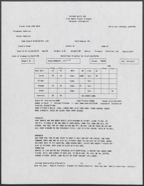 John Bale scouting report, 1996 February 23