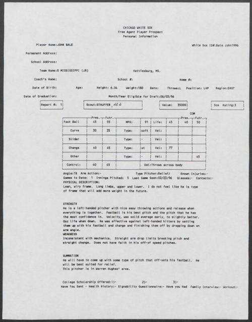 John Bale scouting report, 1996 February 23