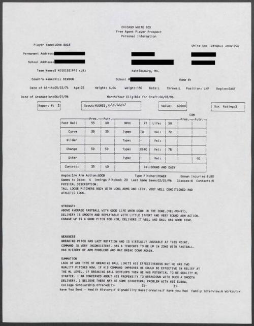 John Bale scouting report, 1996 February 24