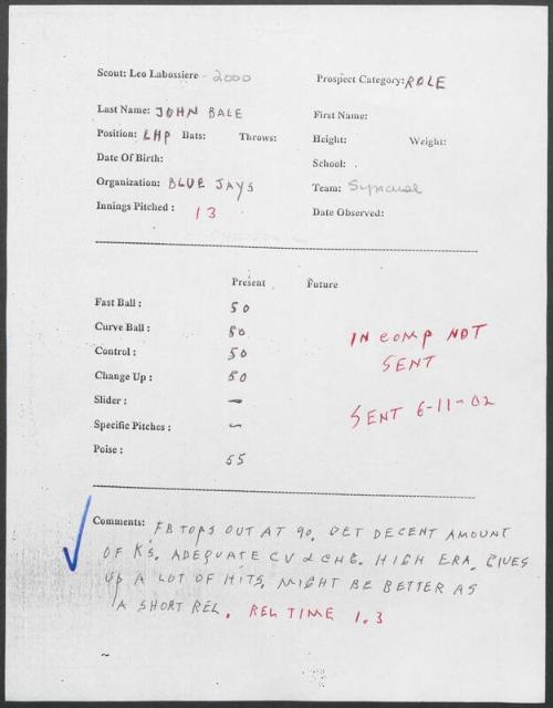 John Bale scouting report, 2000