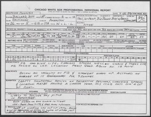 Jeff Ballard scouting report, 1989 September 26