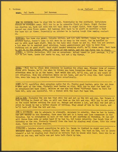 Sal Bando scouting report, 1976