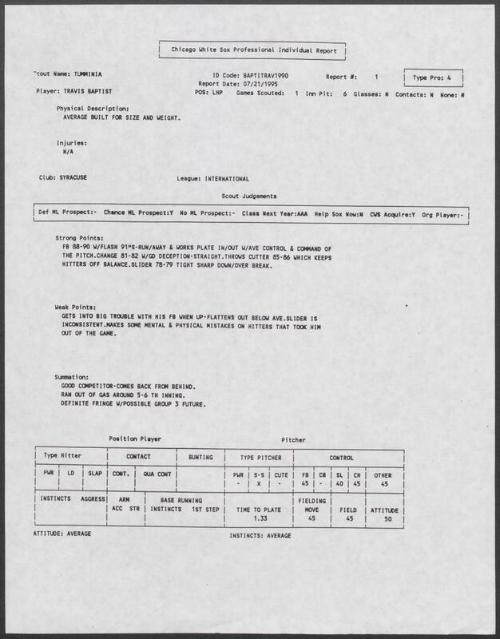 Travis Baptist scouting report, 1995 July 21