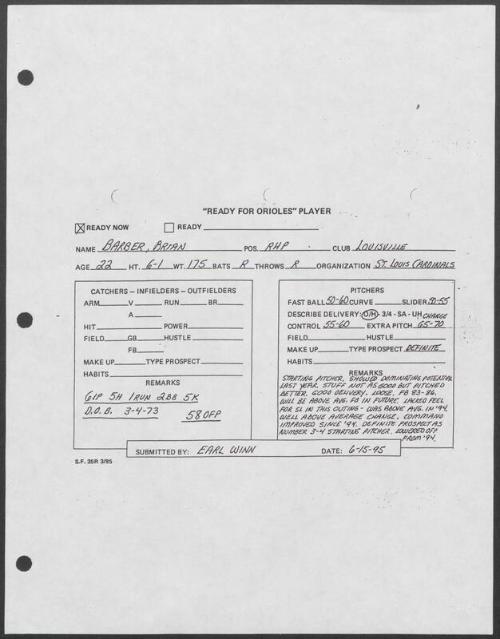 Brian Barber scouting report, 1995 June 15