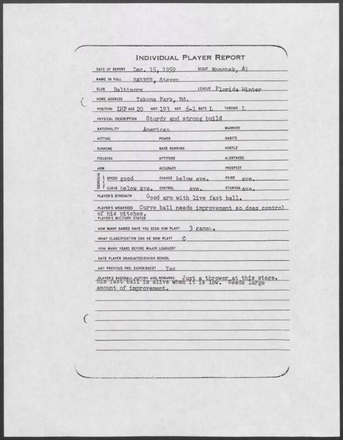 Steve Barber scouting report, 1959 December 15