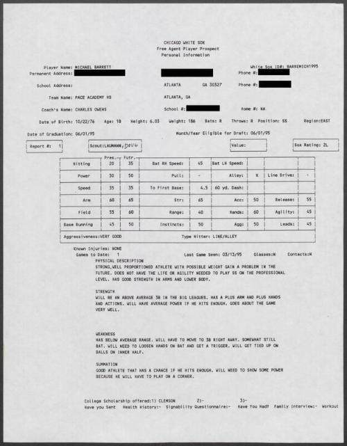 Michael Barrett scouting report, 1995 March 13