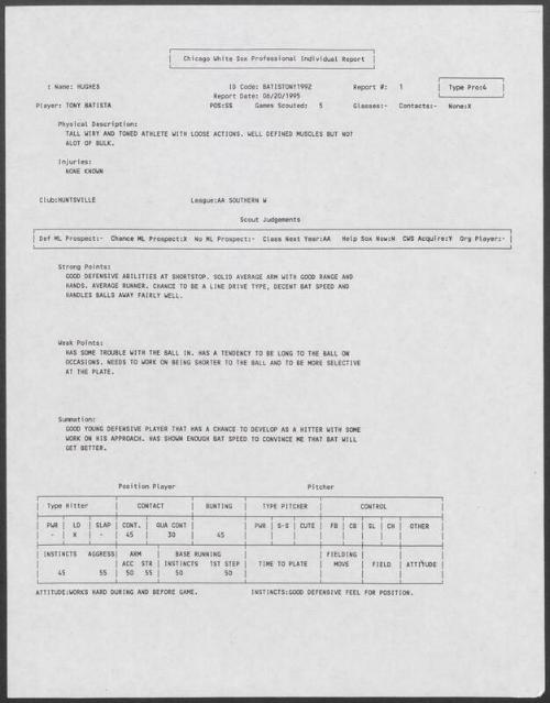 Tony Batista scouting report, 1995 June 20