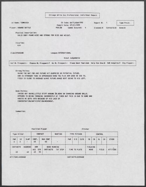 Howard Battle scouting report, 1995 July 21