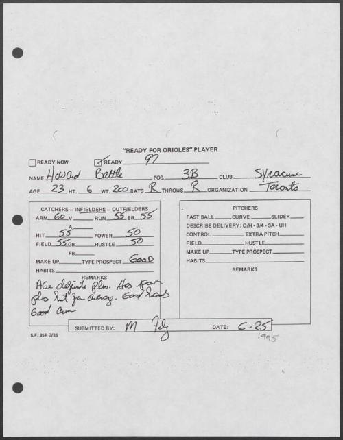 Howard Battle scouting report, 1995 June 25