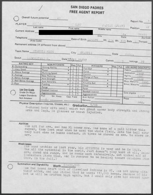 Albert Belle scouting report, 1987 July