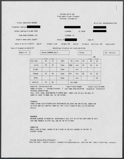 Kris Benson scouting report, 1996 February 27