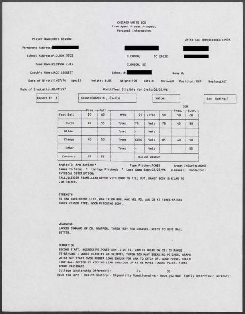 Kris Benson scouting report, 1996 February 23