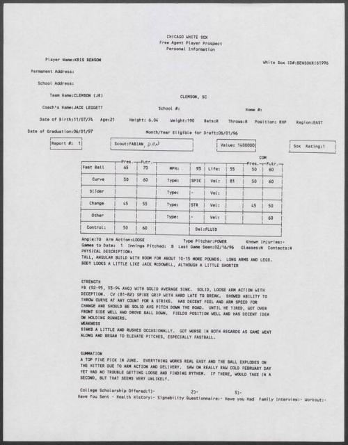 Kris Benson scouting report, 1996 February 16