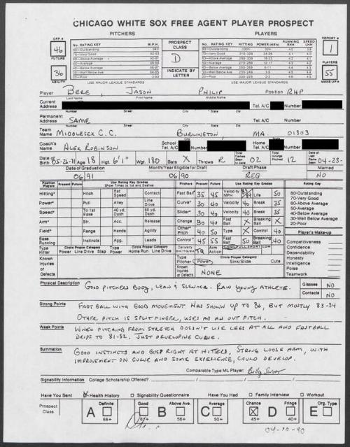 Jason Bere scouting report, 1990 April 28