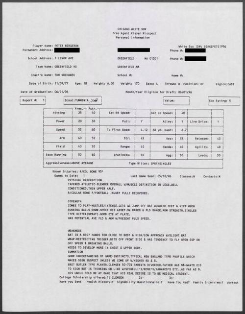 Peter Bergeron scouting report, 1996 May 10