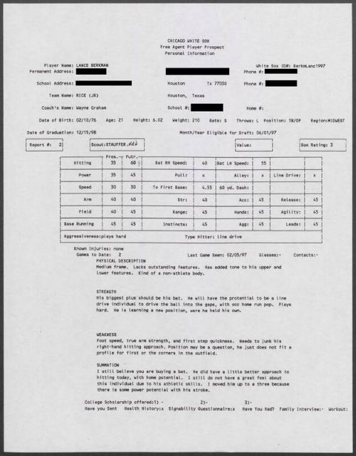 Lance Berkman scouting report, 1997 February 05