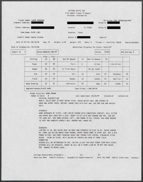 Lance Berkman scouting report, 1997 February 23