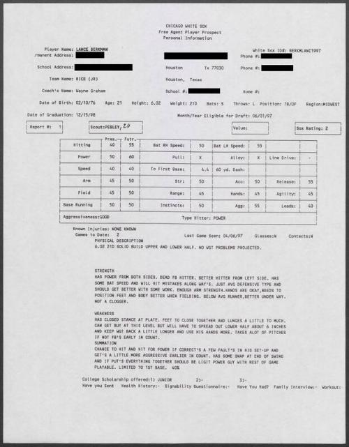 Lance Berkman scouting report, 1997 April 06