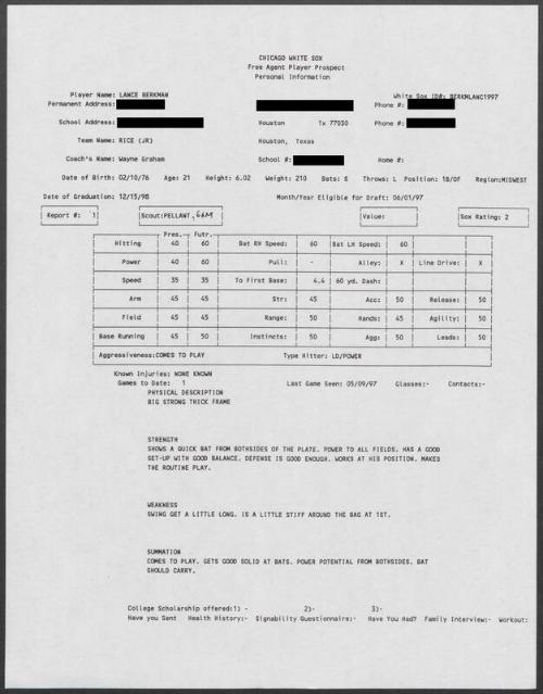 Lance Berkman scouting report, 1997 May 09