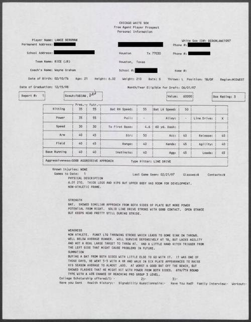 Lance Berkman scouting report, 1997 February 21