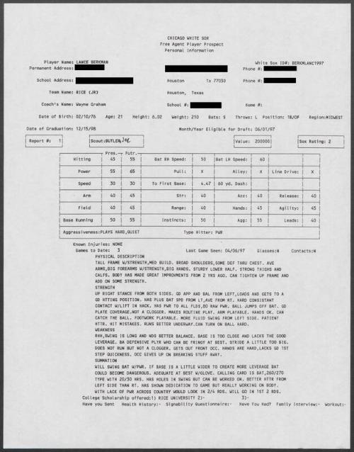 Lance Berkman scouting report, 1997 April 06