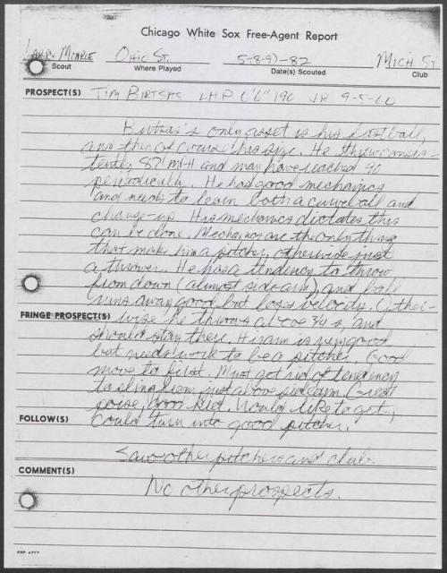 Tim Birtsas scouting report, 1982 May 09