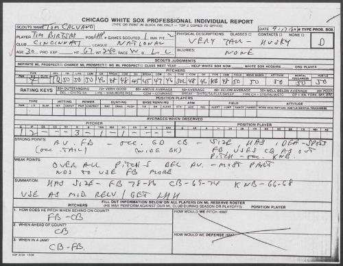 Tim Birtsas scouting report, 1990 September 17