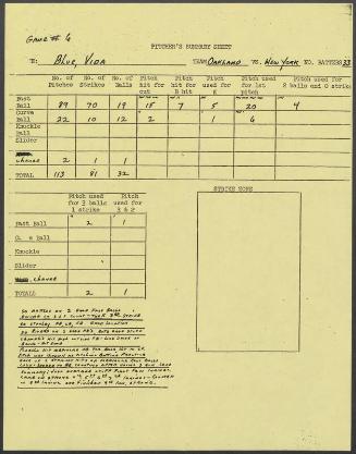 Vida Blue game summary sheet, 1976 September 01